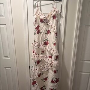 White Floral Ruffle Slip Dress with Red Rose Print